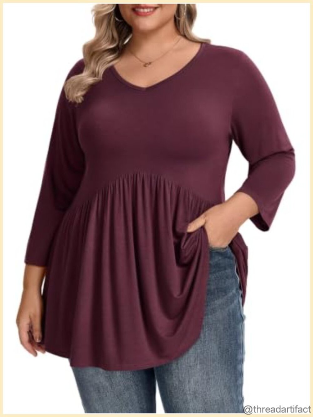 LARACE Women's Plus Size Tunic Top Empire Waist 3/4 Sleeve V-Neck Rayon